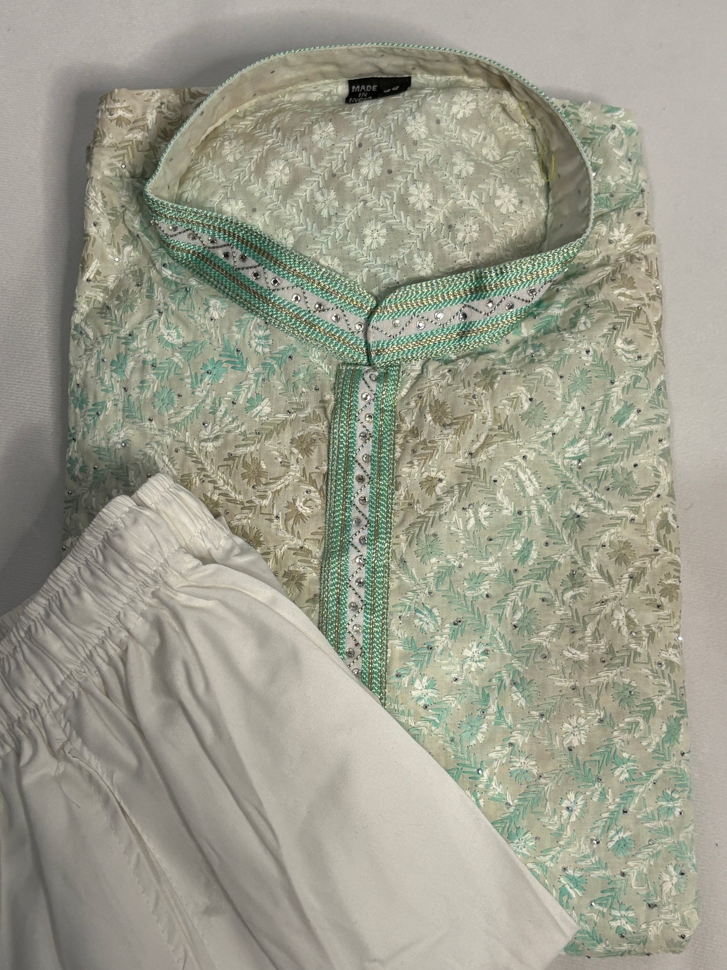 Mint Green and Beige Floral Vine Kurta Pajama Set