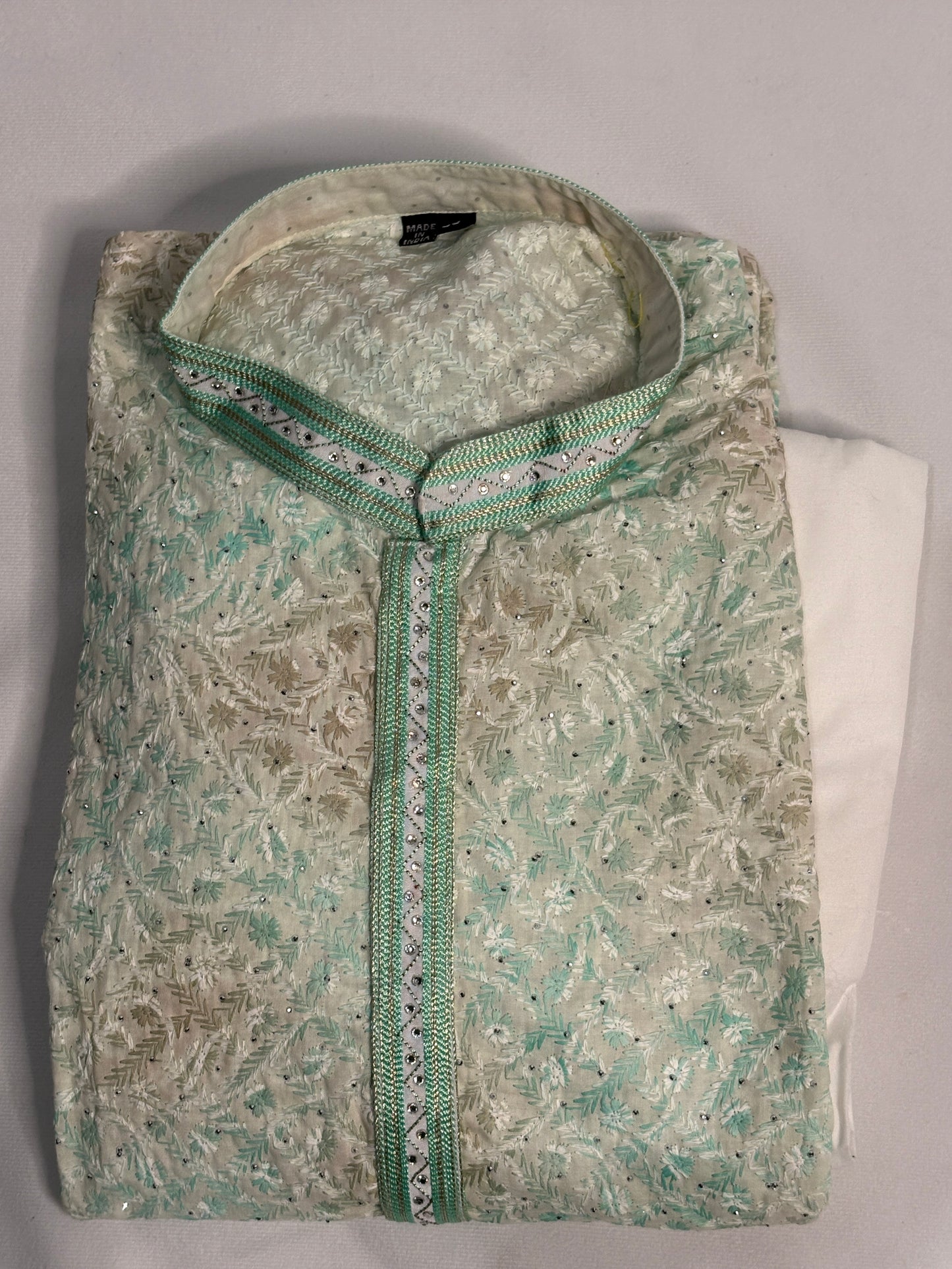 Mint Green and Beige Floral Vine Kurta Pajama Set
