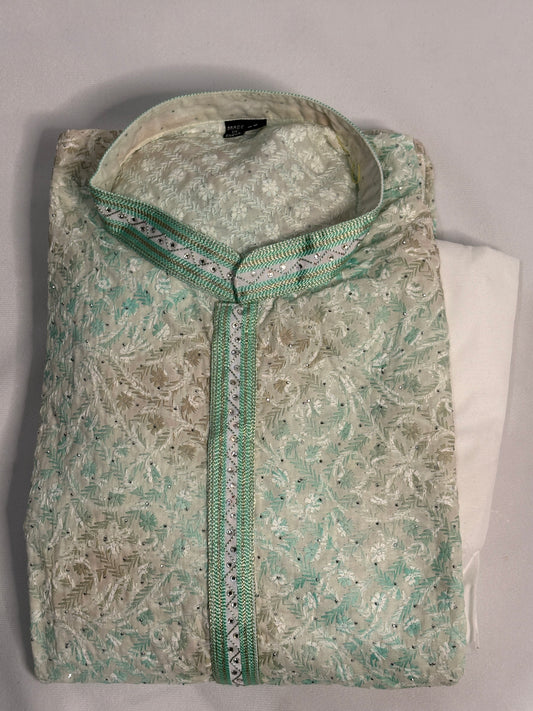 Mint Green and Beige Floral Vine Kurta Pajama Set