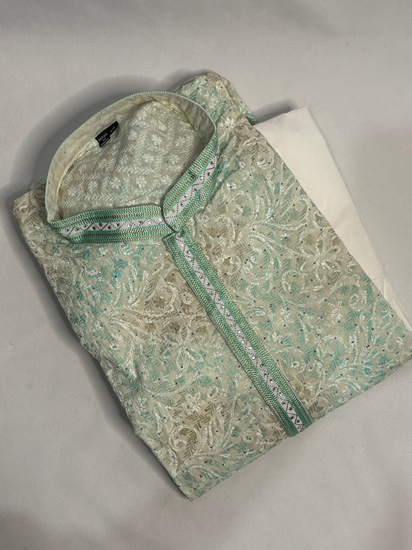 Mint Green and Beige Floral Vine Kurta Pajama Set