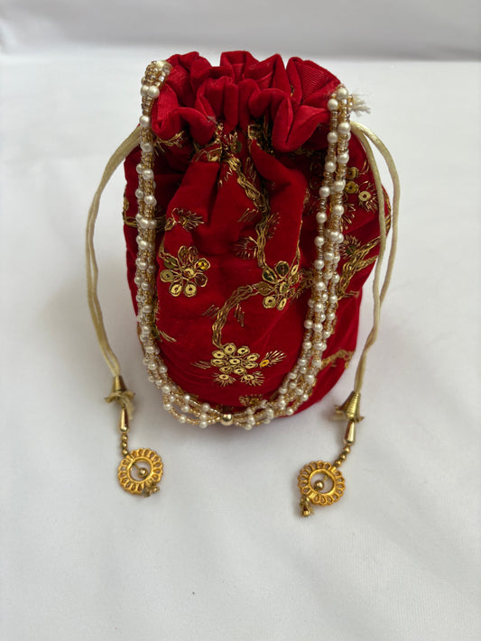 Red Velvet Embroidered Potli Bag