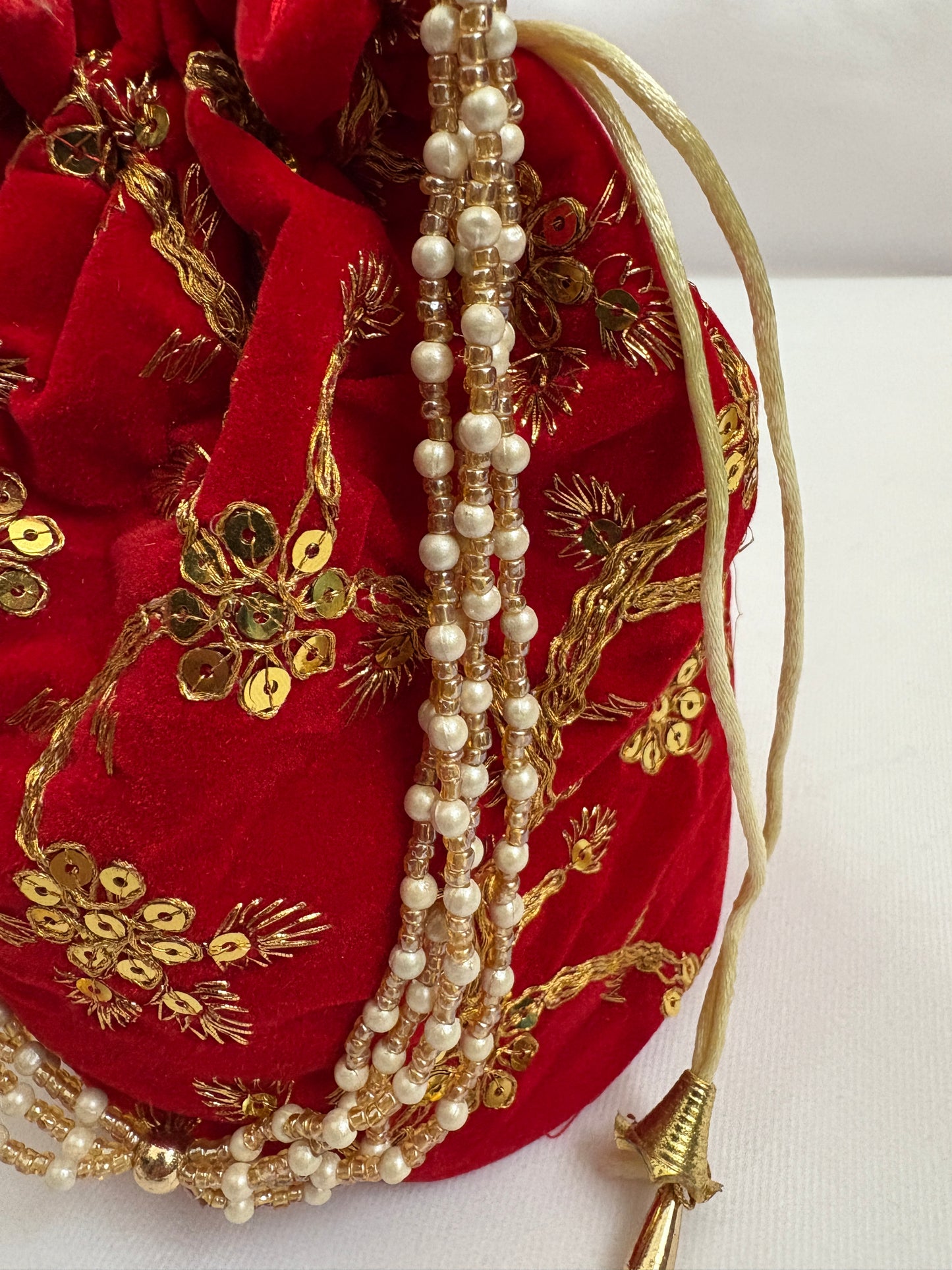 Red Velvet Embroidered Potli Bag