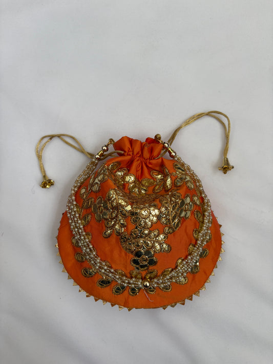 Orange Floral Embroidered Potli Bag