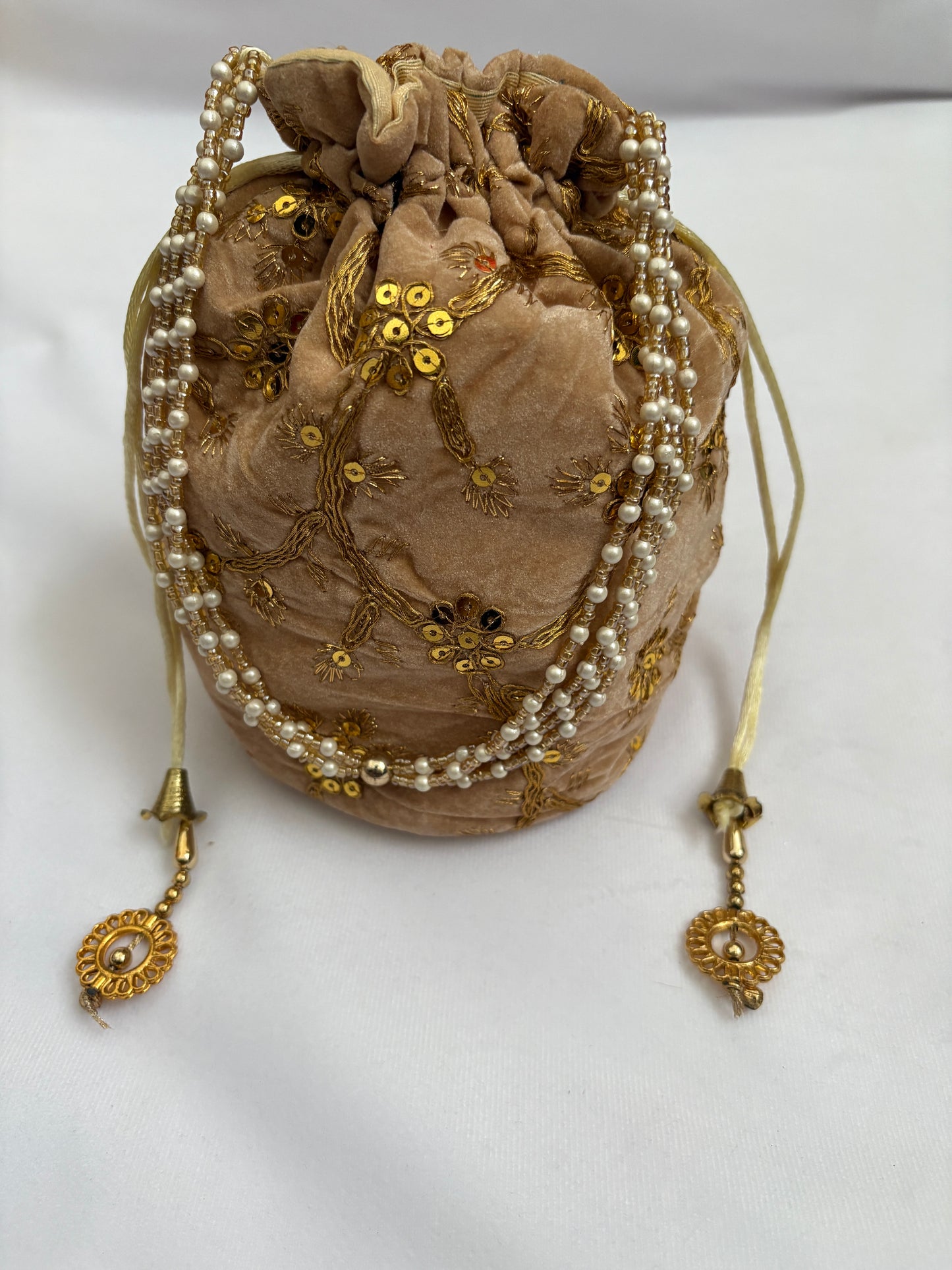 Beige Velvet Embroidered Potli Bag