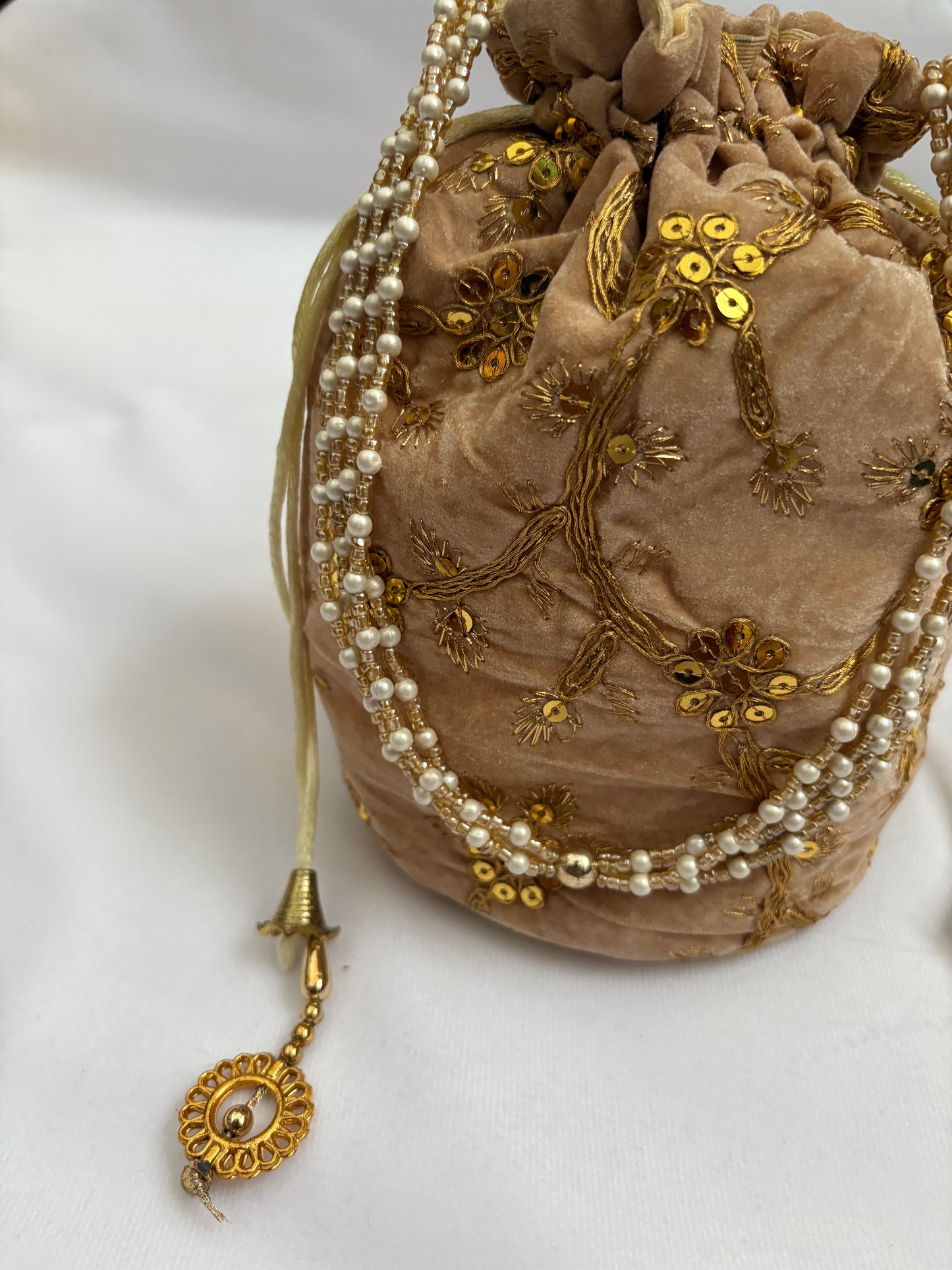 Beige Velvet Embroidered Potli Bag