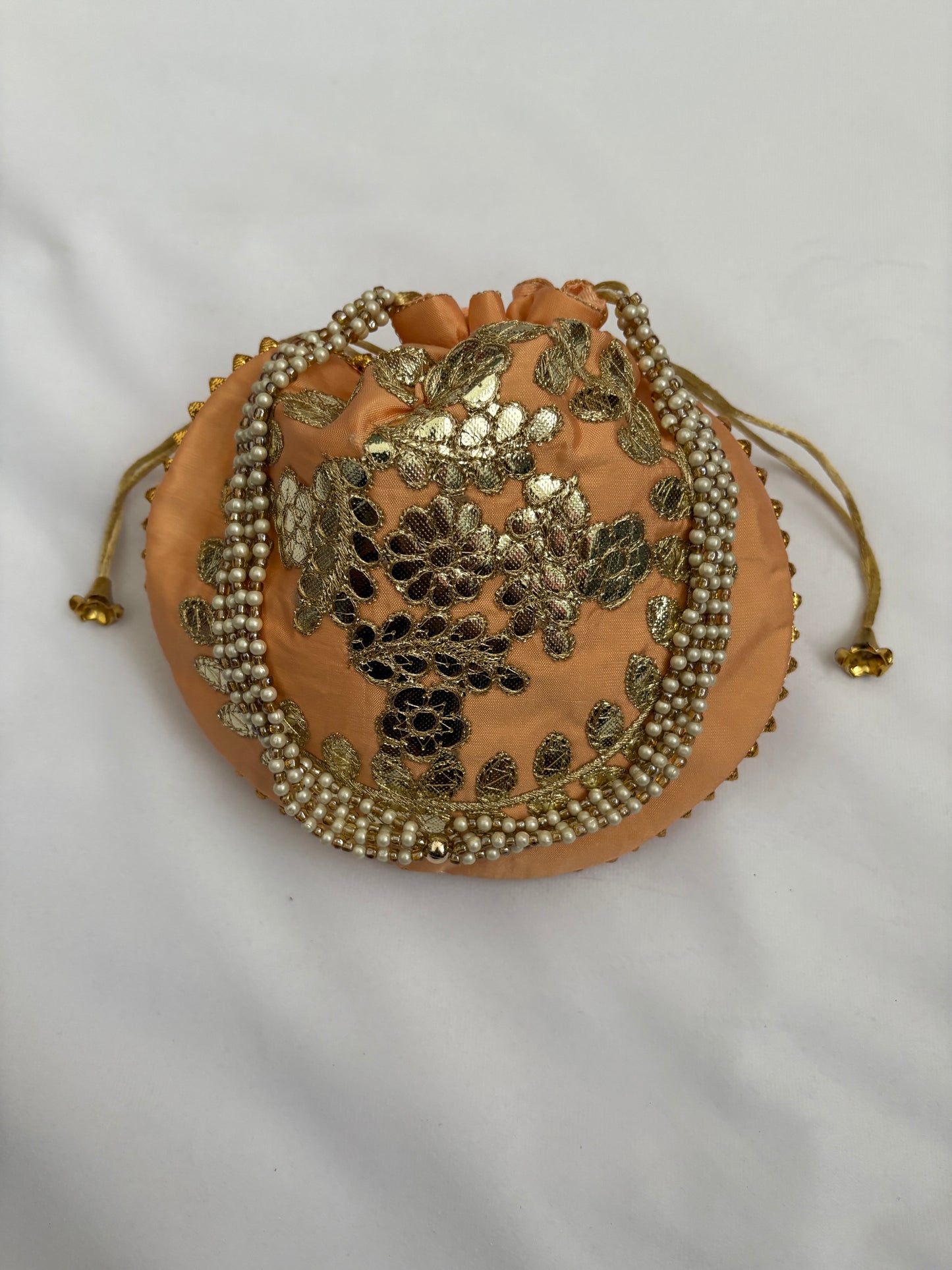 Peach Golden Embroidered Potli Bag