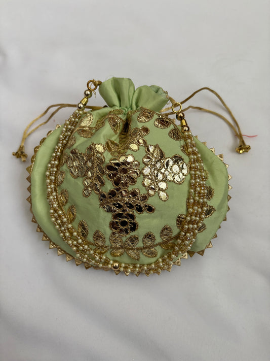 Pistachio Green Golden Embroidered Potli Bag