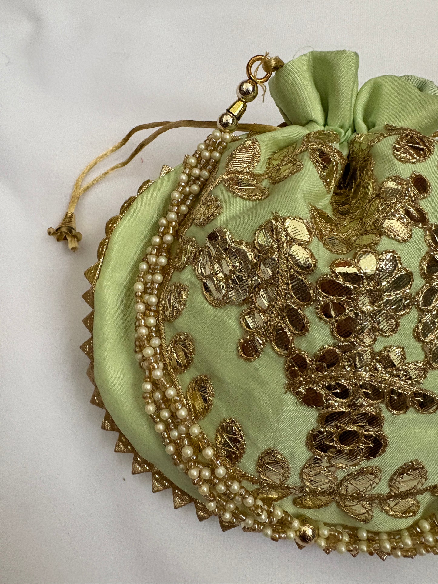 Pistachio Green Golden Embroidered Potli Bag