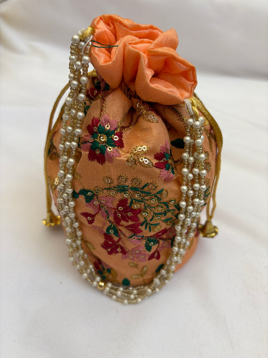 Peach Floral Embroidered Potli Bag