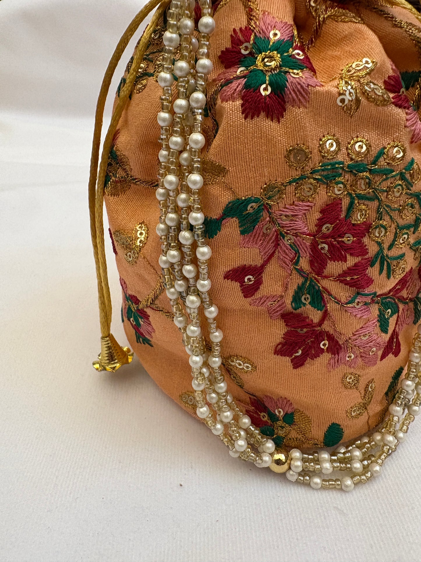 Peach Floral Embroidered Potli Bag