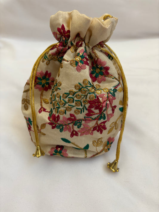 Cream Floral Embroidered Potli Bag