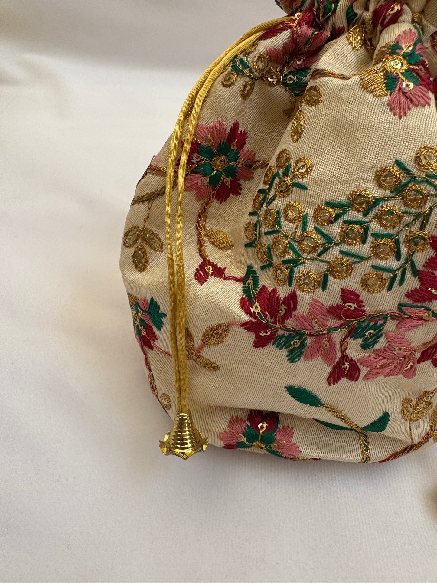 Cream Floral Embroidered Potli Bag