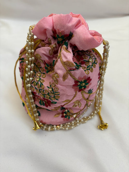 Pink Floral Embroidered Potli Bag