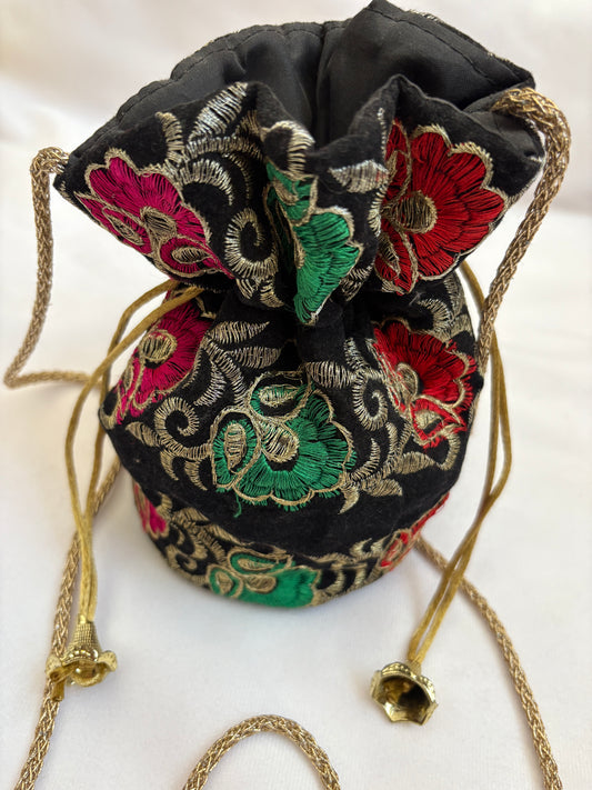 Black Multicoloured Floral Embroidered Potli Bag