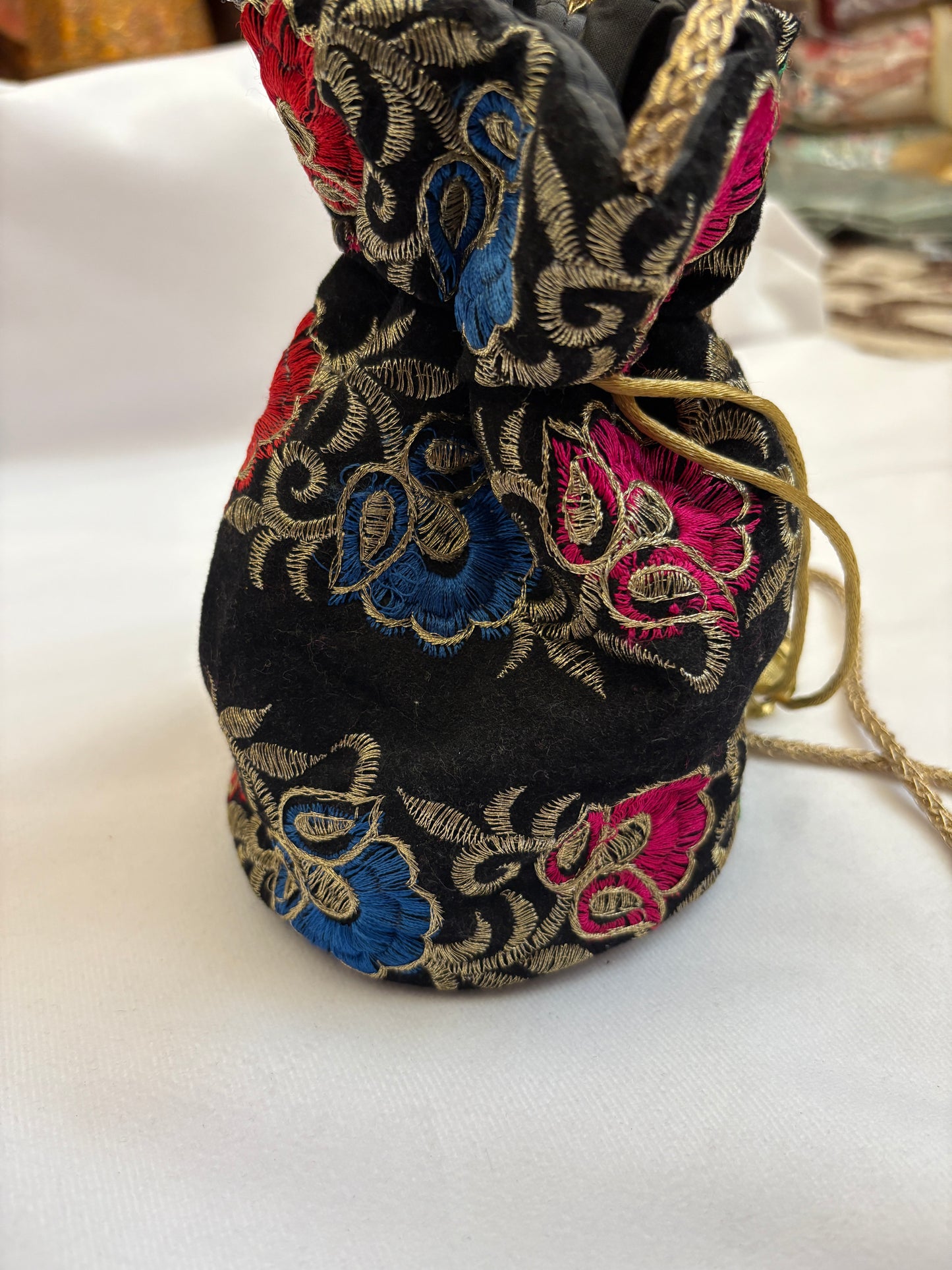 Black Multicoloured Floral Embroidered Potli Bag