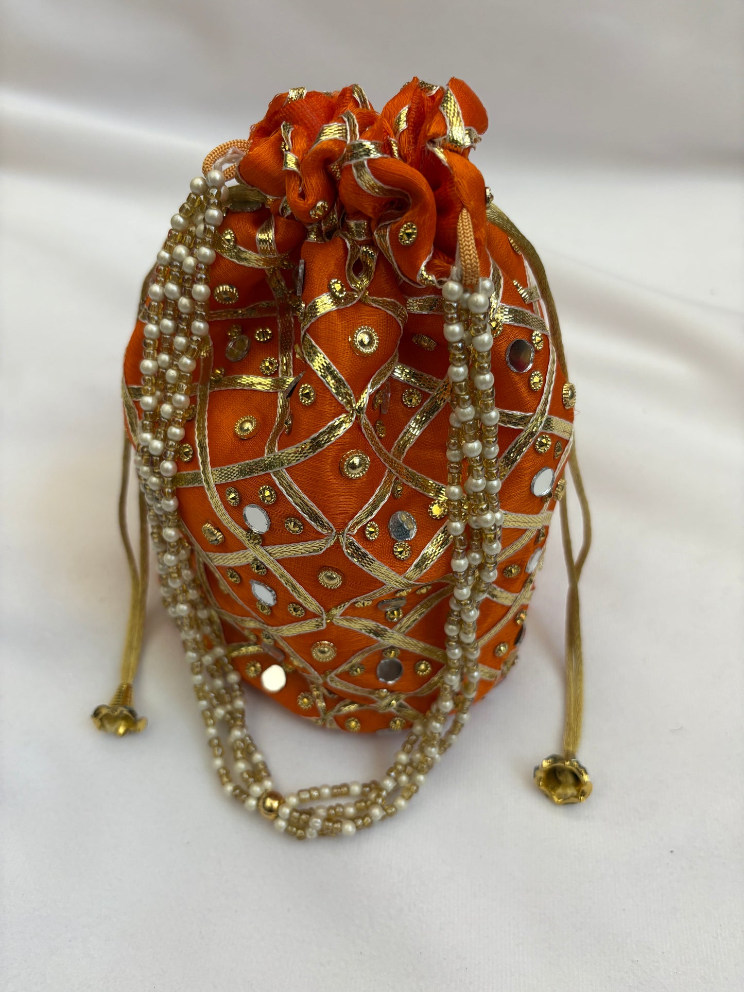 Orange Mirrorwork Embroidered Potli Bag
