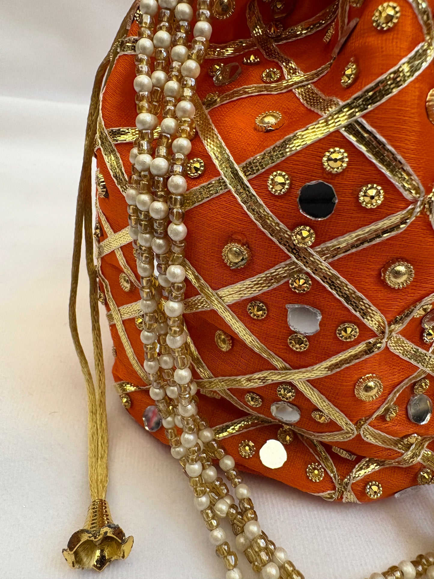 Orange Mirrorwork Embroidered Potli Bag
