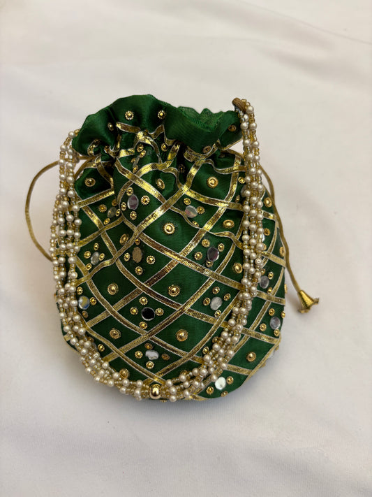 Green Mirrorwork Embroidered Potli Bag