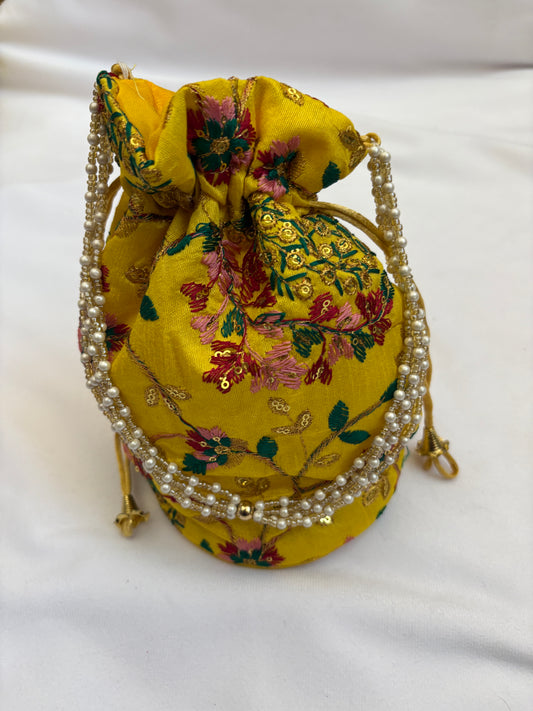 Yellow Floral Embroidered Potli Bag