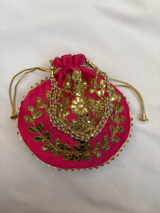 Hot Pink Golden Embroidered Potli Bag