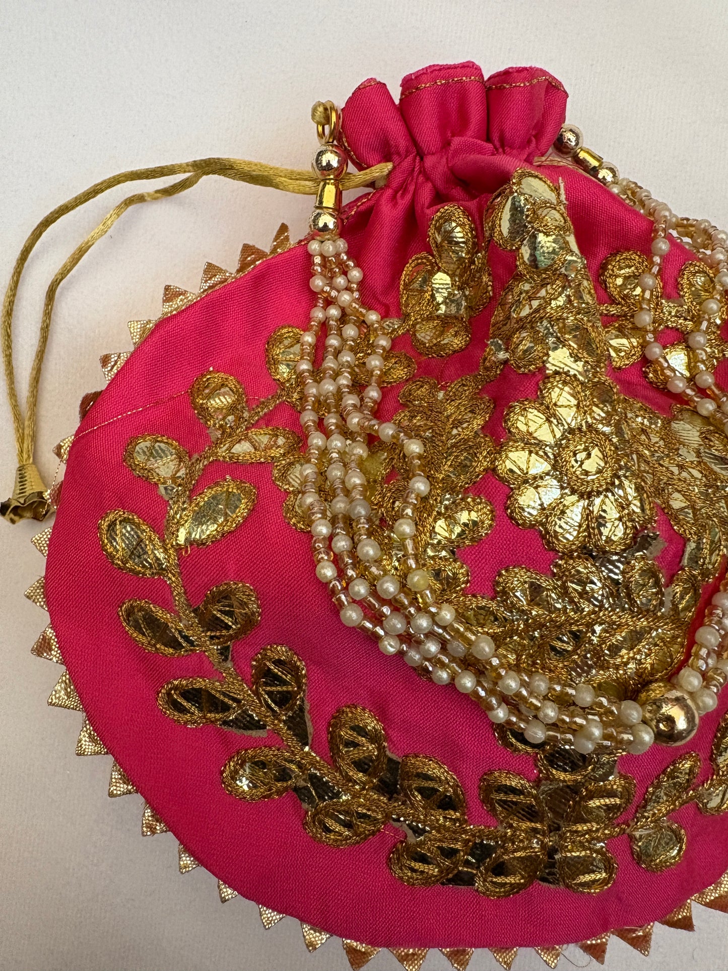Hot Pink Golden Embroidered Potli Bag