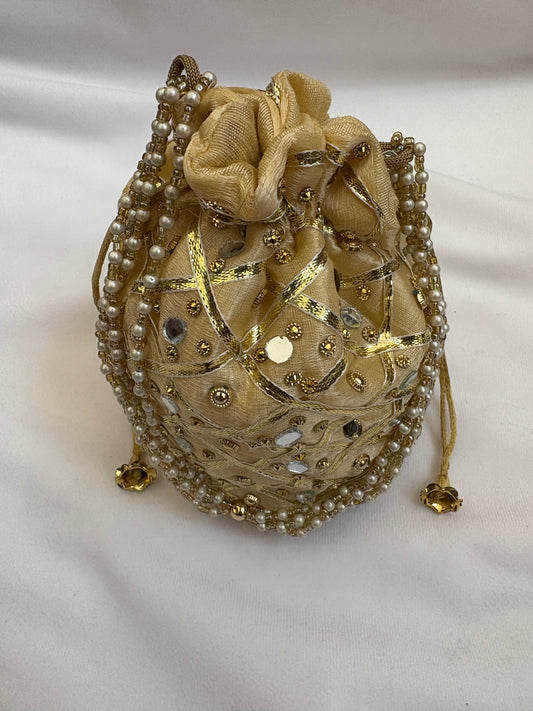 Golden Mirrorwork Embroidered Potli Bag