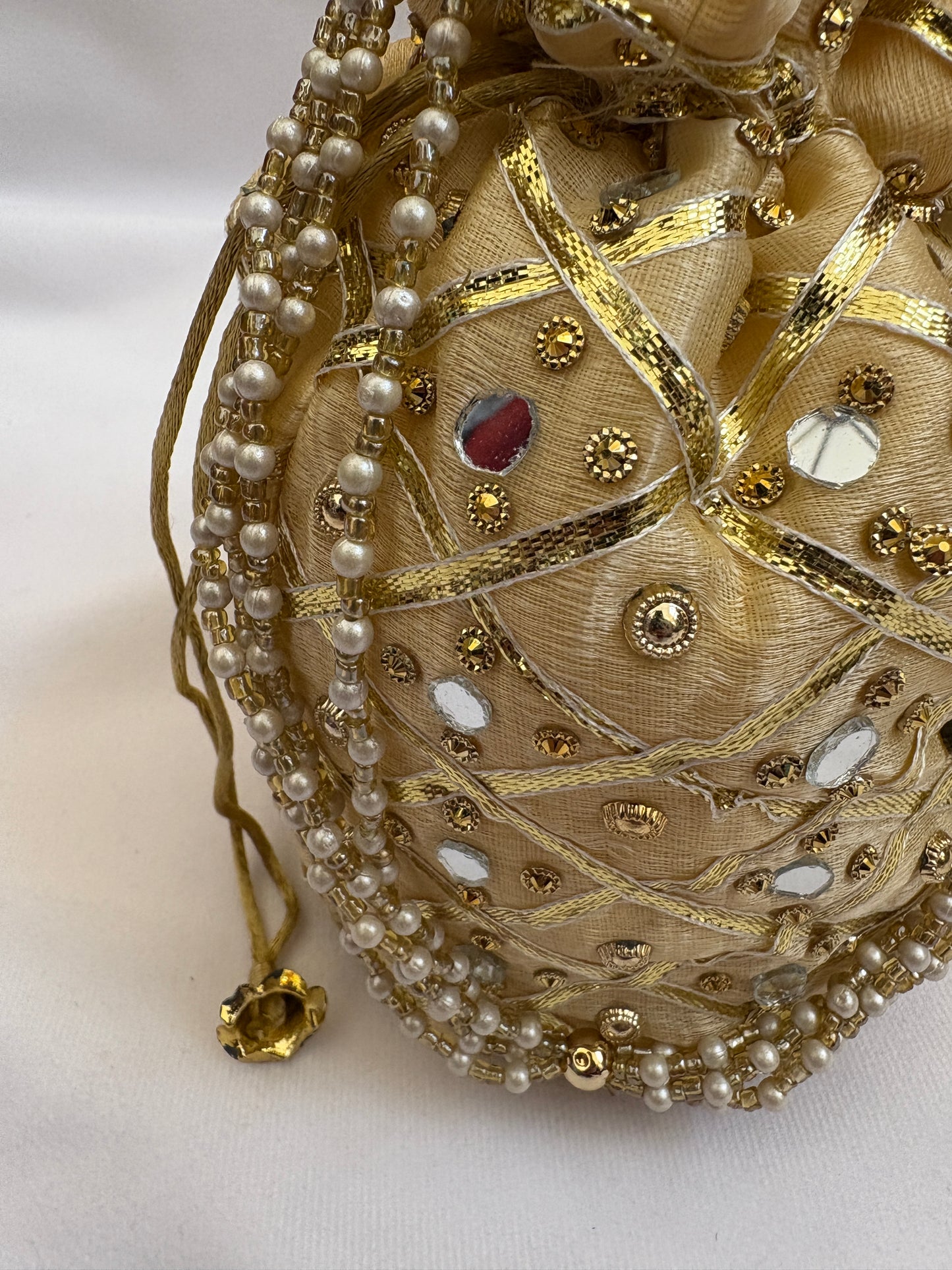 Golden Mirrorwork Embroidered Potli Bag