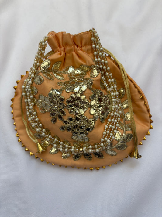 Peach Golden Embroidered Potli Bag