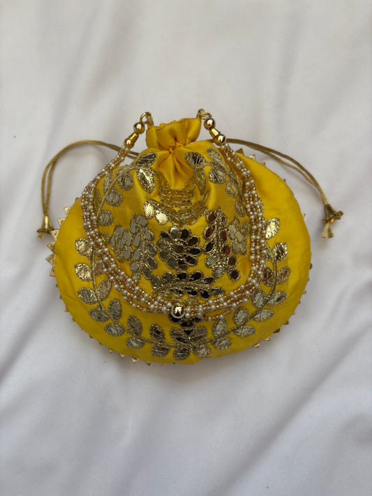 Yellow Golden Embroidered Potli Bag