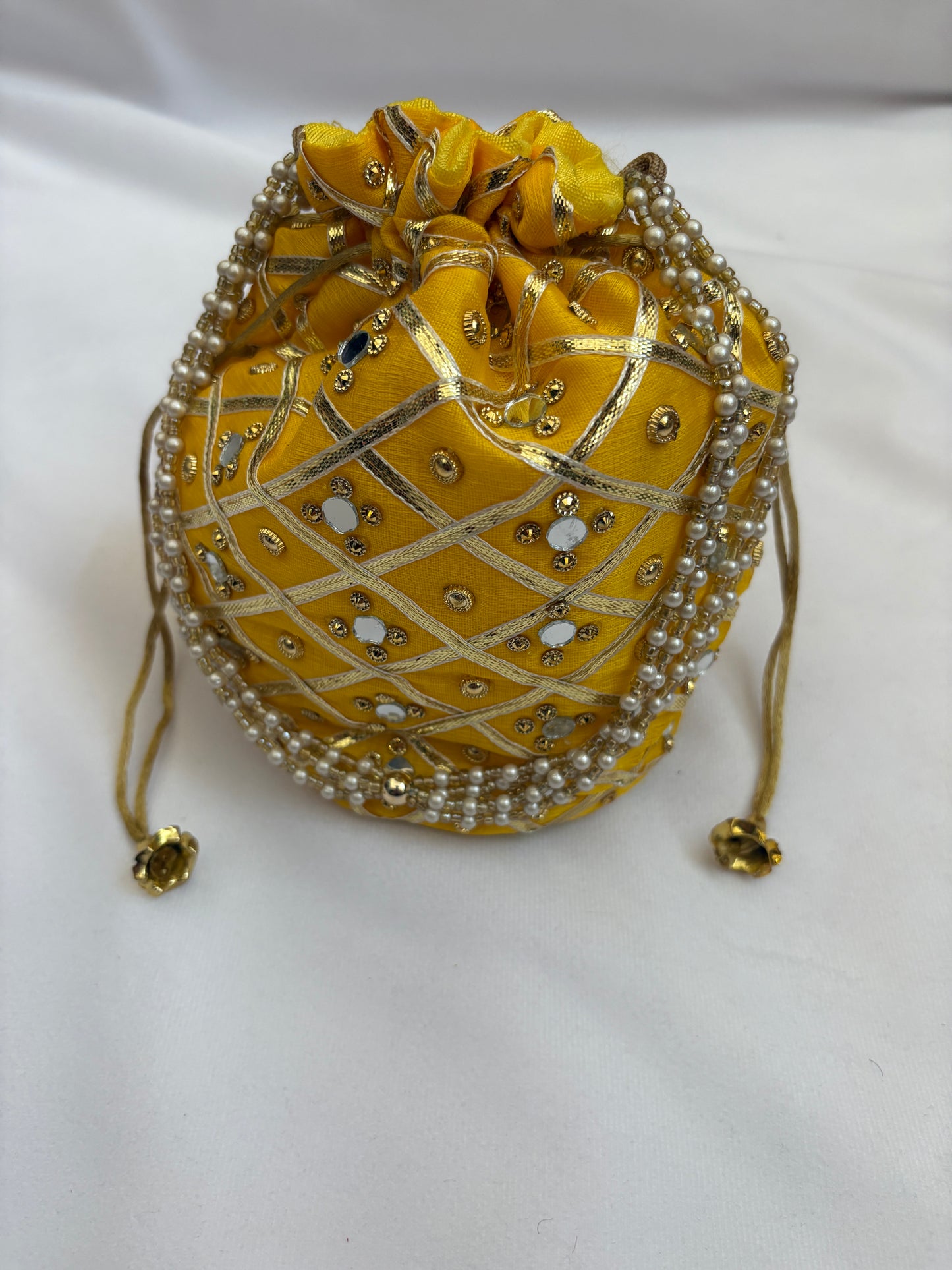 Yellow Mirrorwork Embroidered Potli Bag