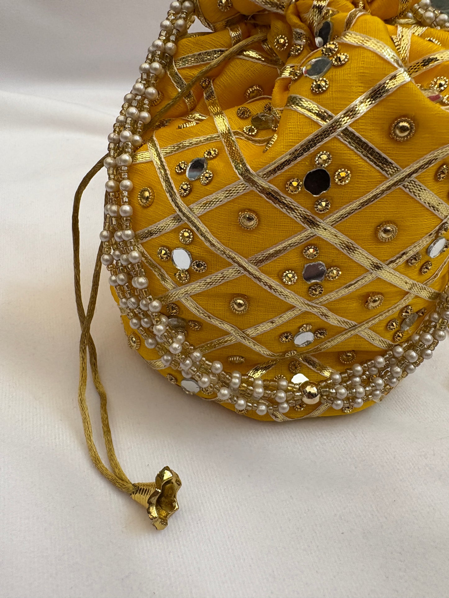 Yellow Mirrorwork Embroidered Potli Bag