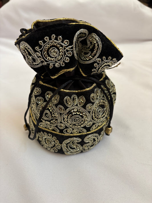 Black and Silver Embroidered Velvet Potli Bag