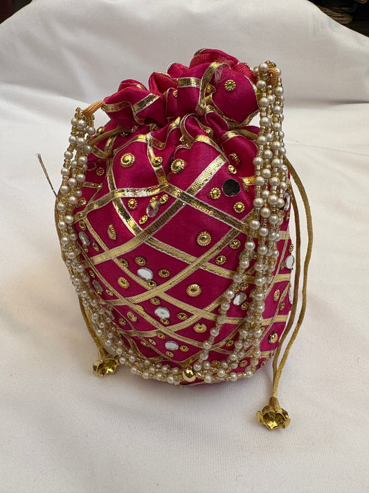 Hot Pink Mirrorwork Embroidered Potli Bag