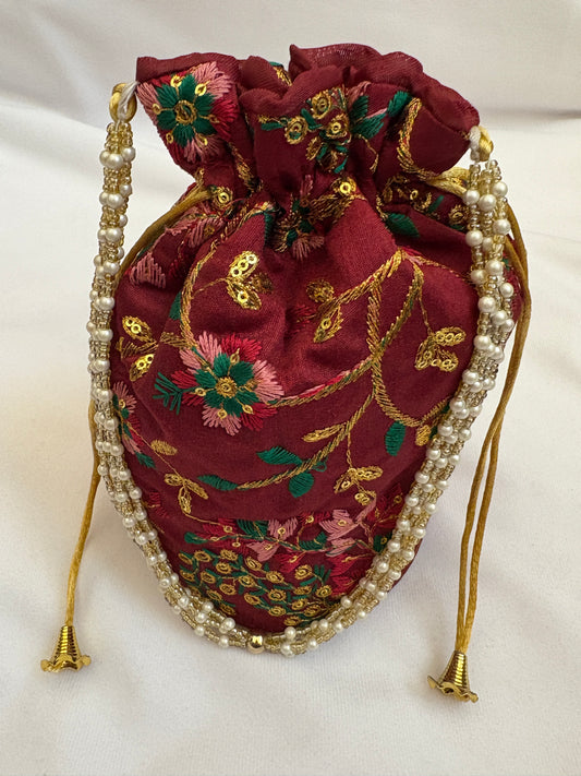 Maroon Floral Embroidered Potli Bag