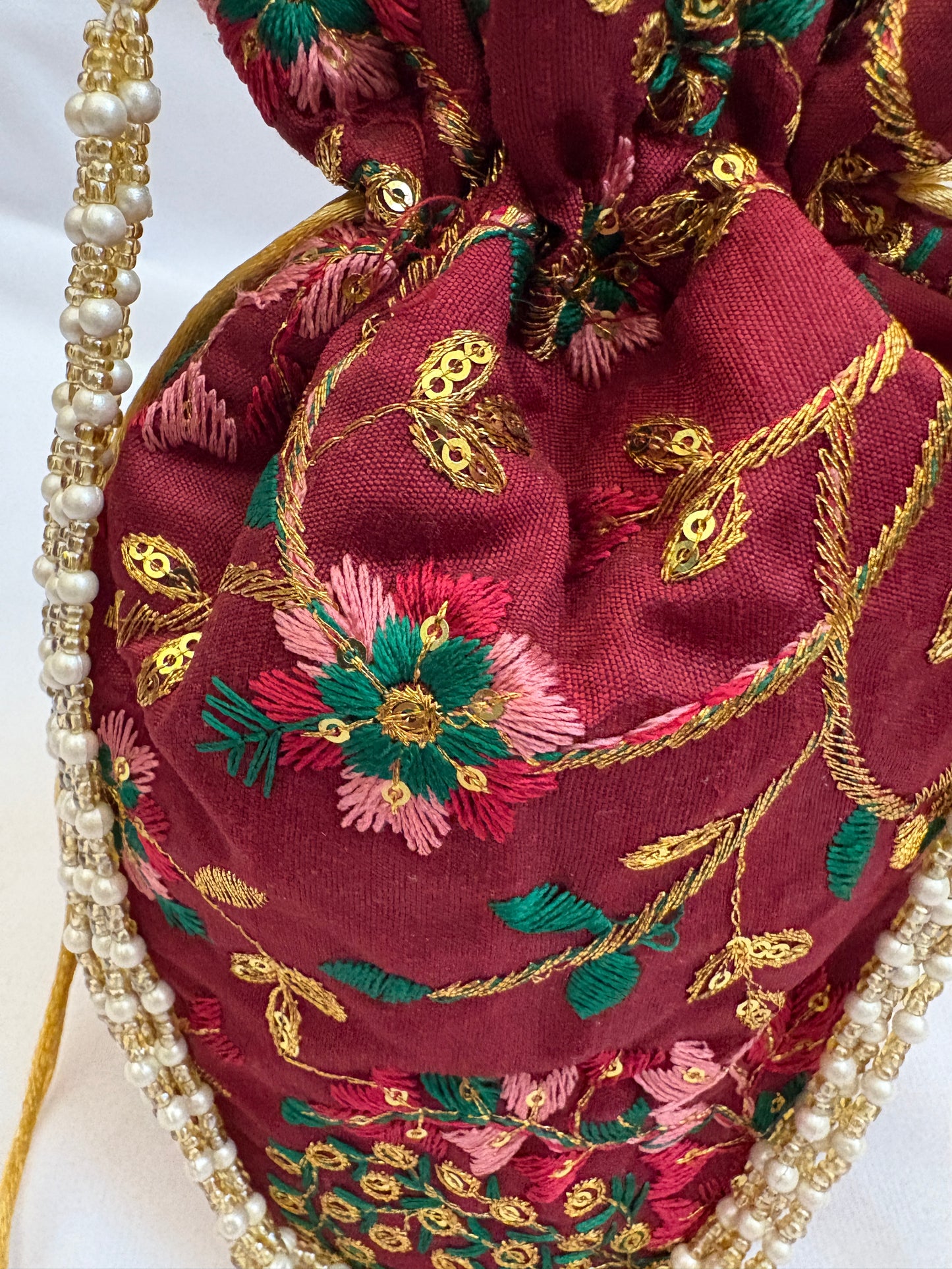 Maroon Floral Embroidered Potli Bag