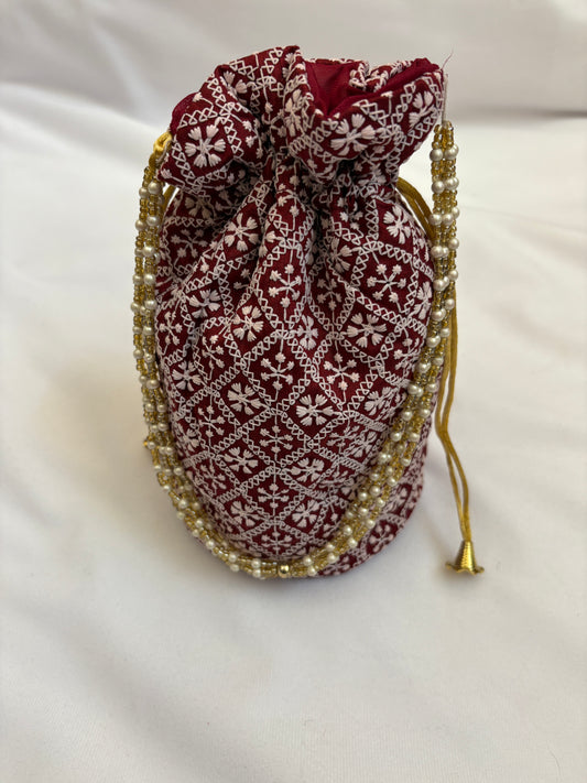 Maroon Geometric Embroidered Potli Bag