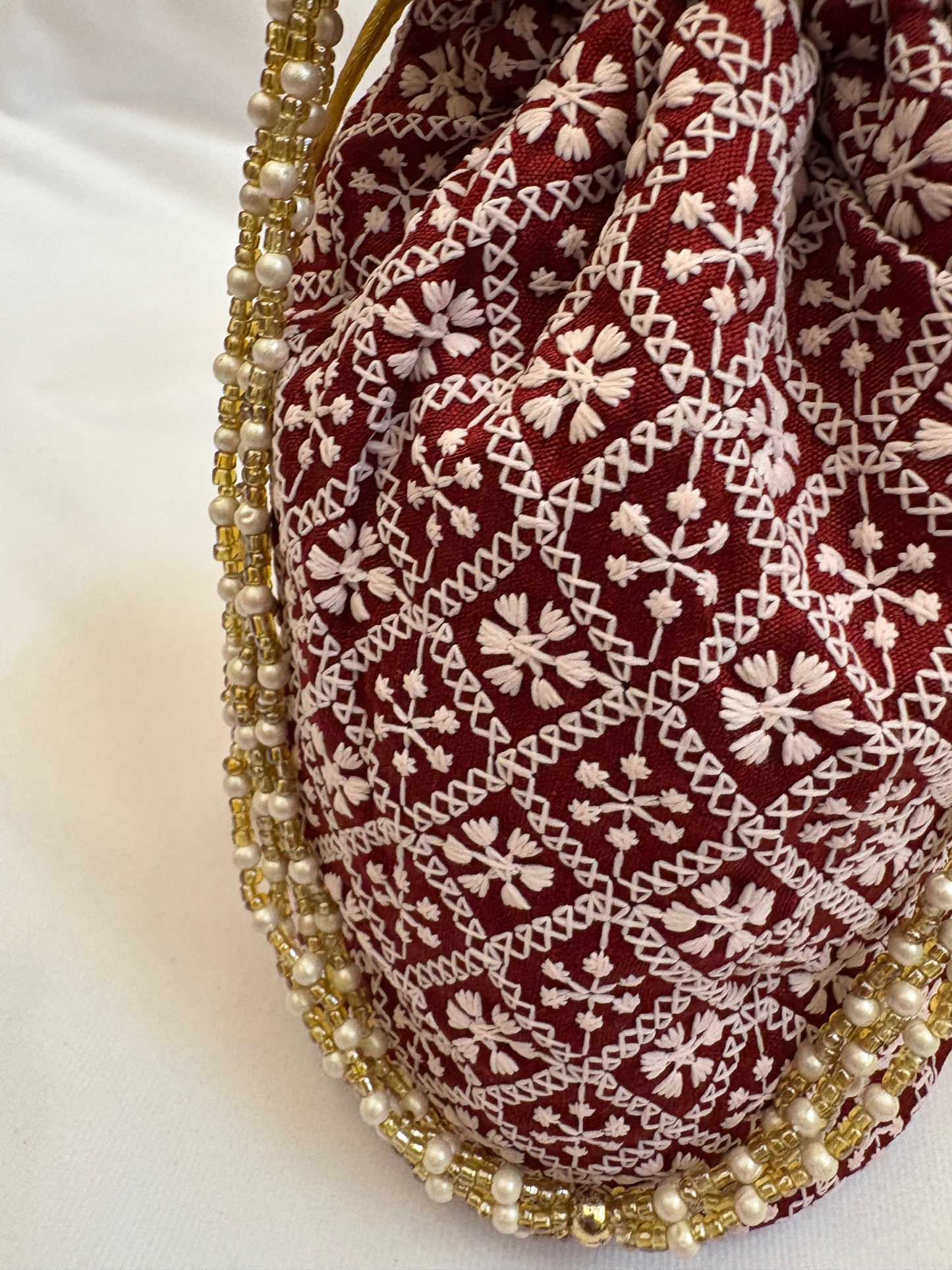 Maroon Geometric Embroidered Potli Bag