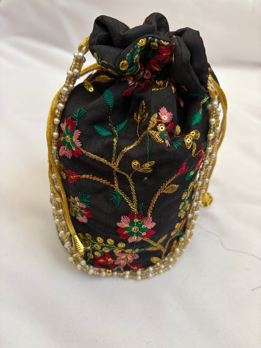 Black Floral Embroidered Potli Bag