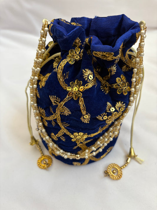 Royal Blue Velvet Embroidered Potli Bag