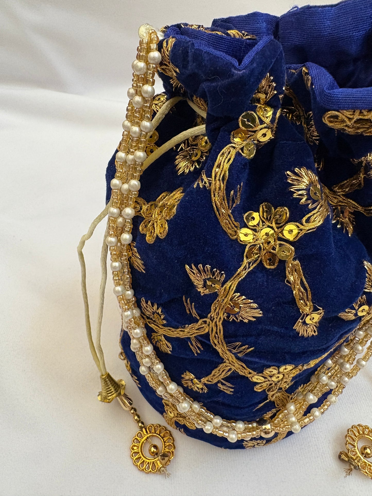 Royal Blue Velvet Embroidered Potli Bag