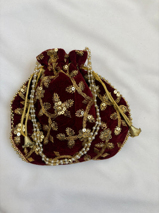Maroon Velvet Sequin Embroidered Potli Bag