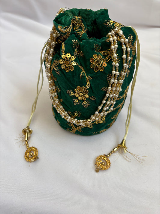 Emerald Green Velvet Sequin Embroidered Potli Bag