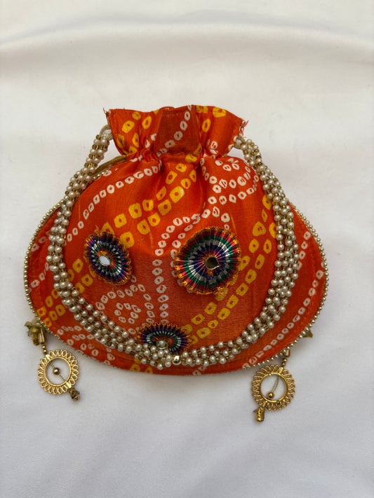 Orange Bandhani Inspired Embroidered Potli Bag