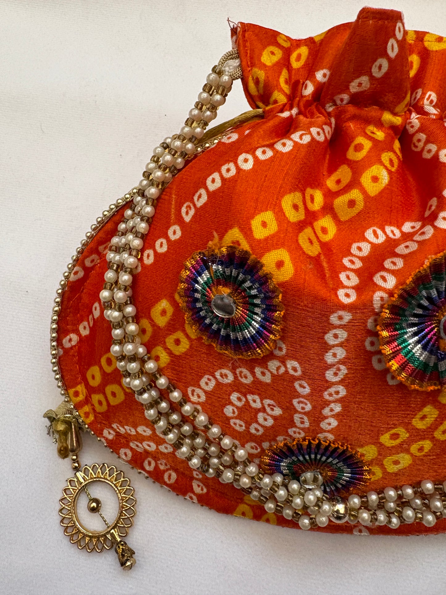Orange Bandhani Inspired Embroidered Potli Bag