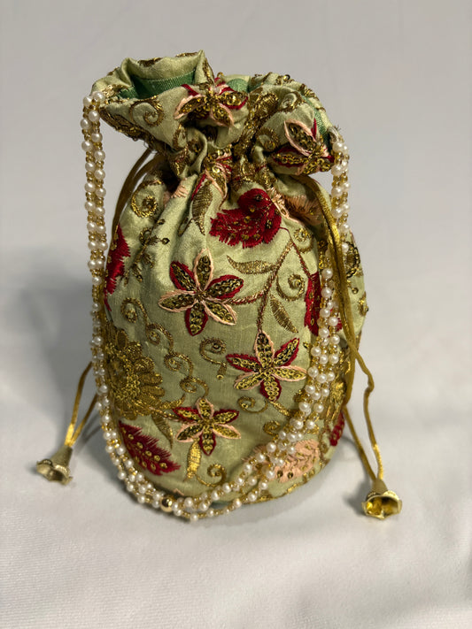 Sage Green Floral Embroidered Potli Bag