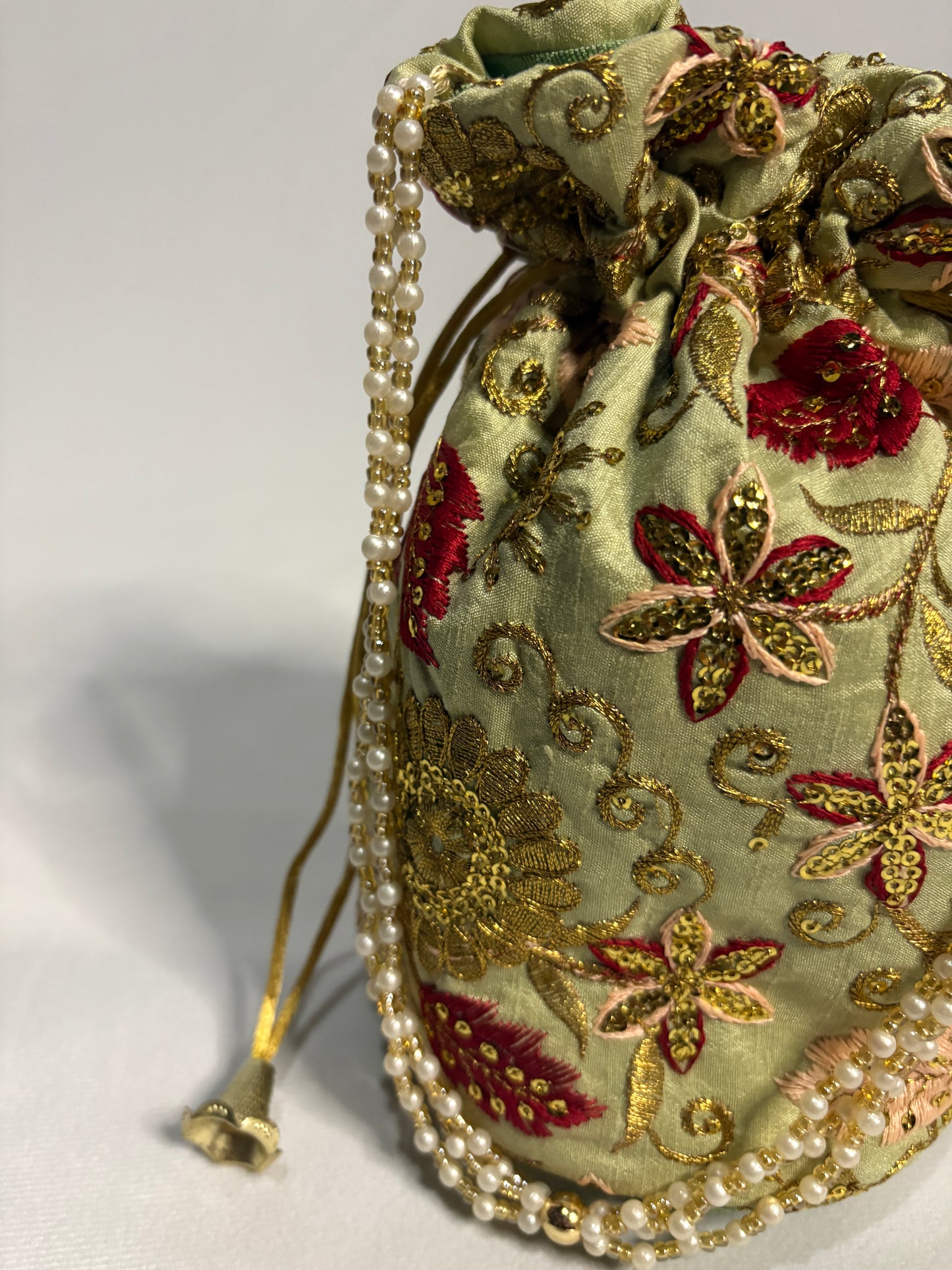 Sage Green Floral Embroidered Potli Bag