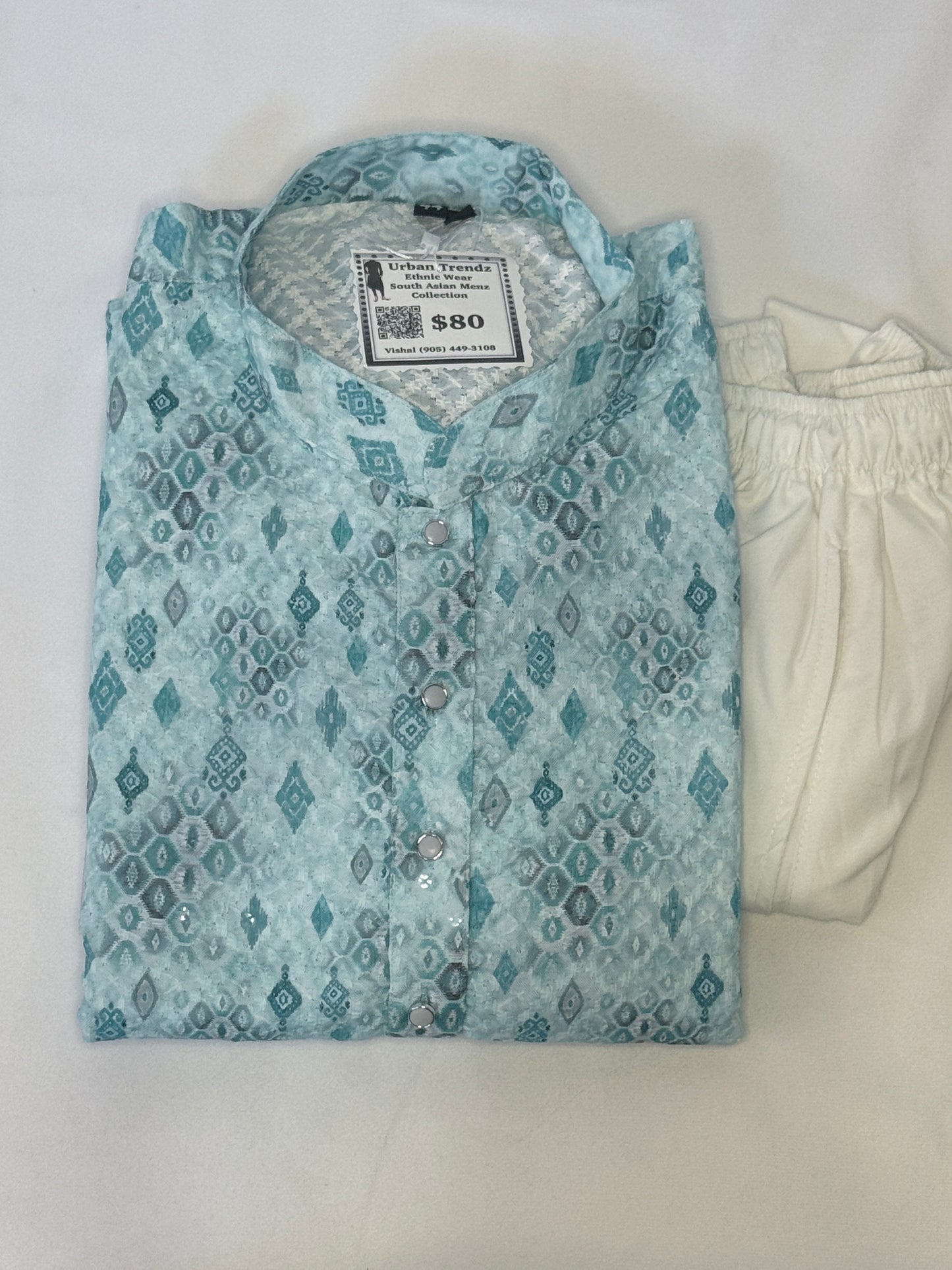 Light Blue Geometric Cotton Kurta Pajama Set