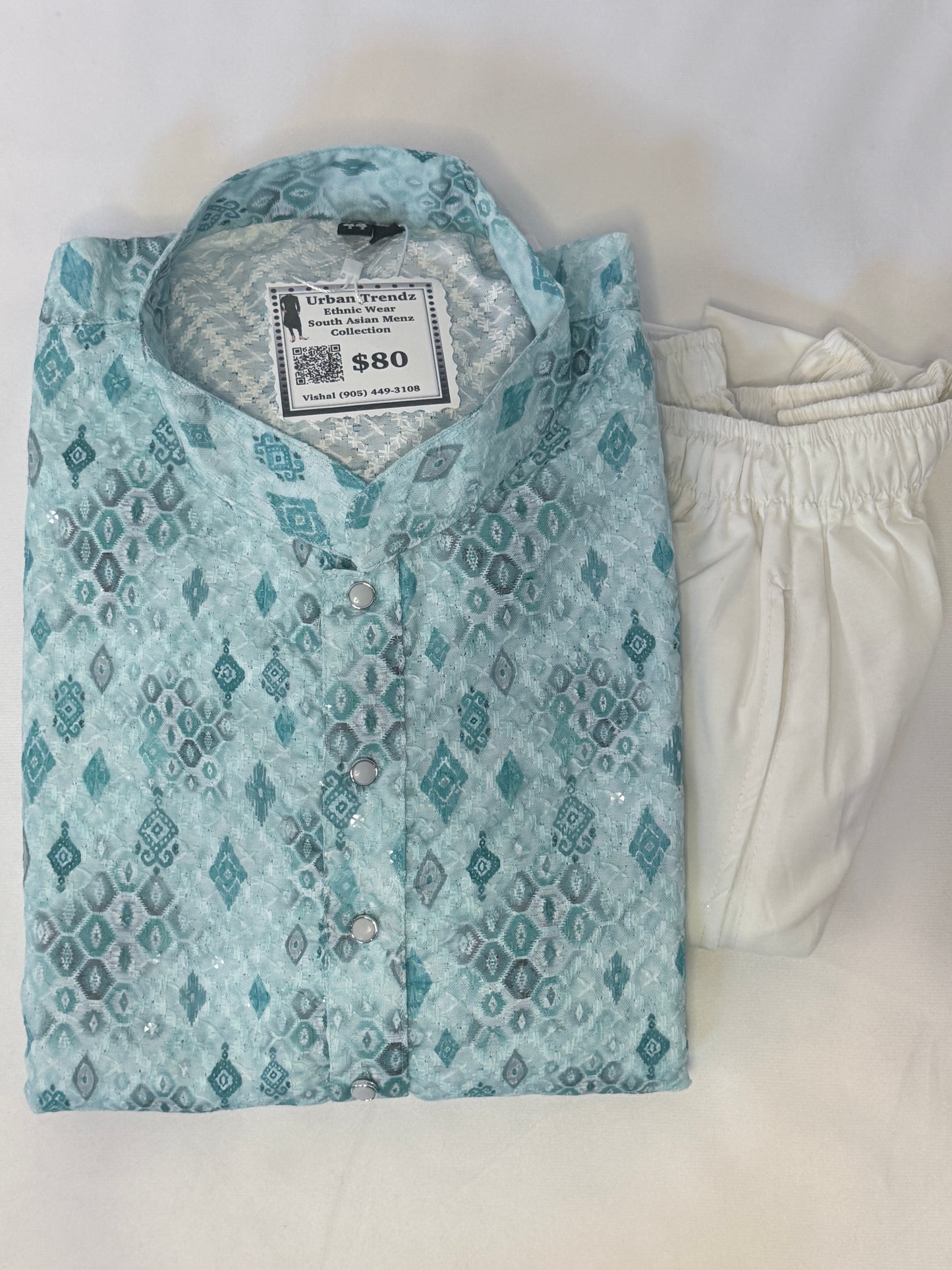 Light Blue Geometric Cotton Kurta Pajama Set