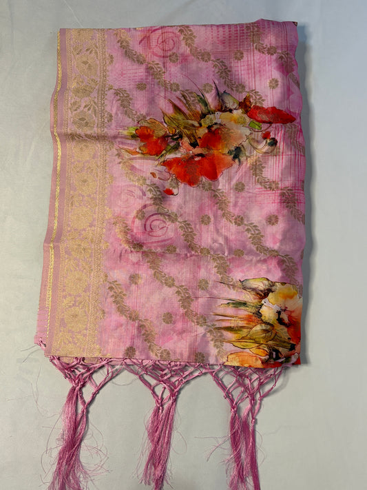 Pink Floral Digital Print Banarsi Dupatta