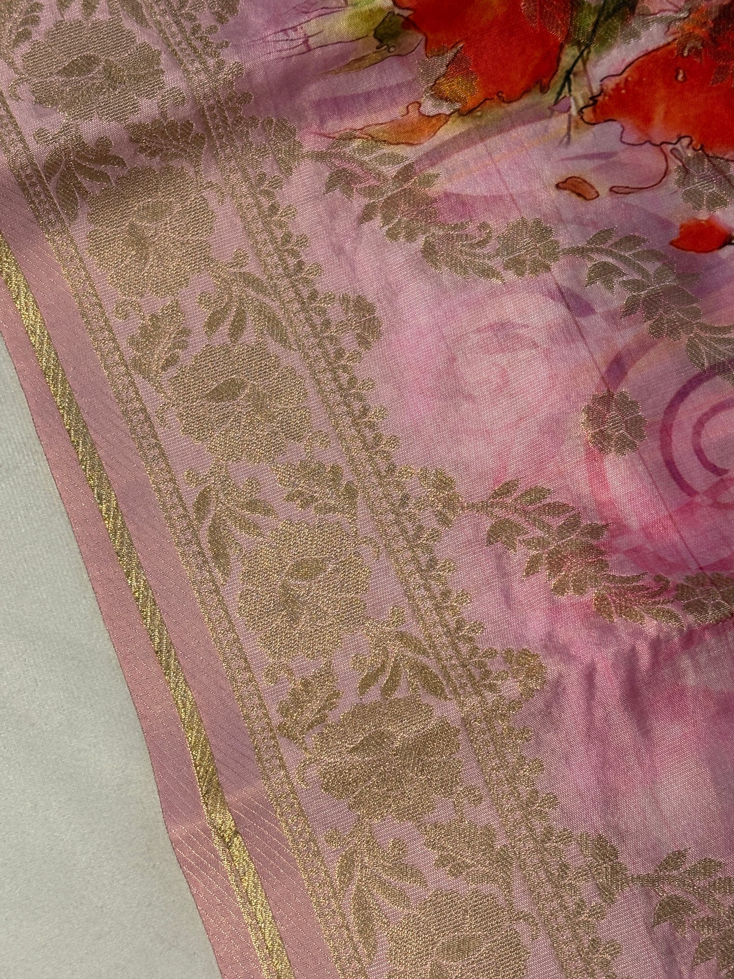 Pink Floral Digital Print Banarsi Dupatta